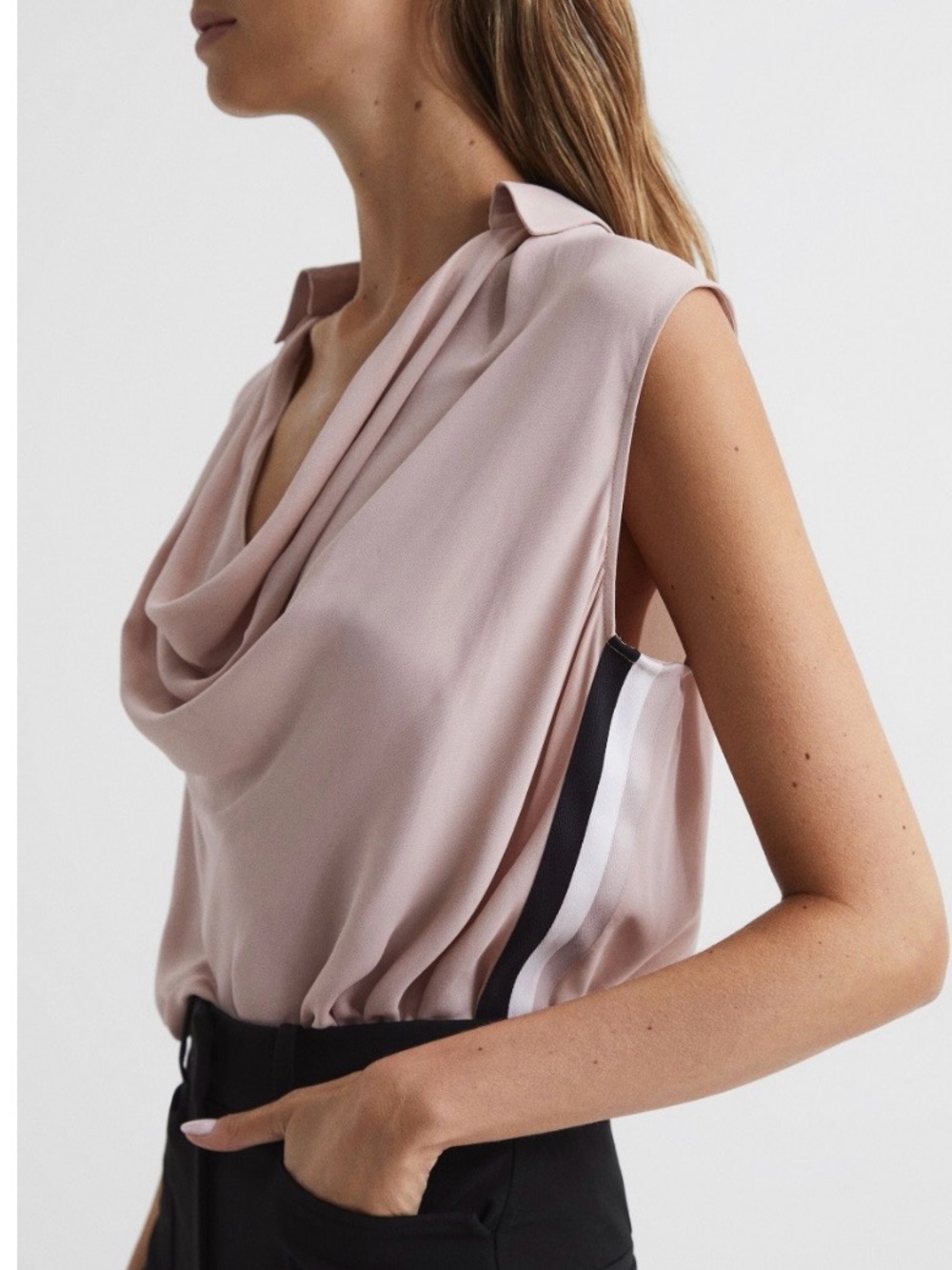Reiss Blush Pink Draped Cowl Neck Shell with Side Stripe
